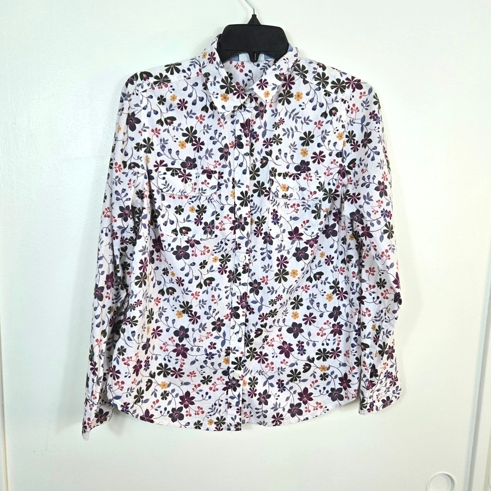 St John's Bay Womens‎ White Multi Floral Boho Button Shirt Medium Petite Cottage